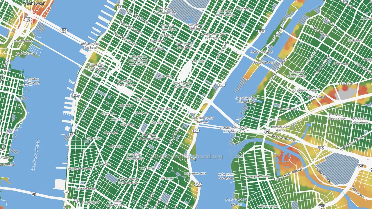 Walk Grade map of Murray Hill, Manhattan, NY, walkable areas in green and car-dependent areas in red