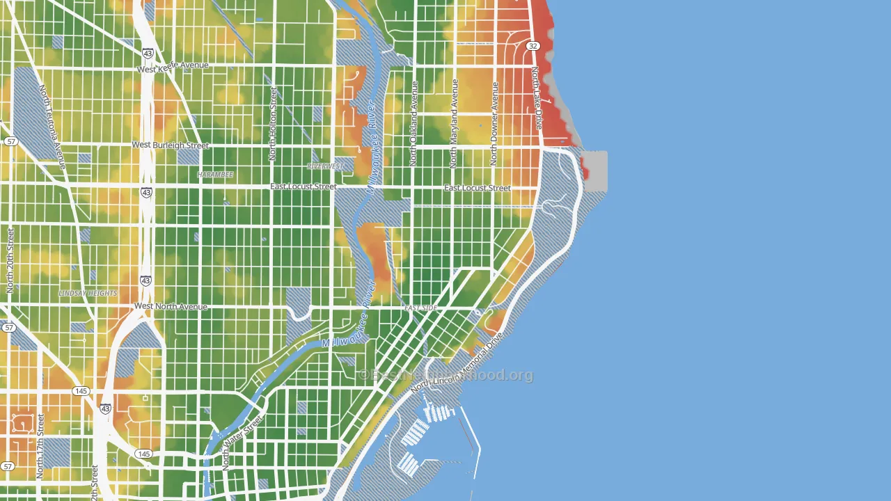 Walk Grade map of Murray Hill, Milwaukee, WI, walkable areas in green and car-dependent areas in red