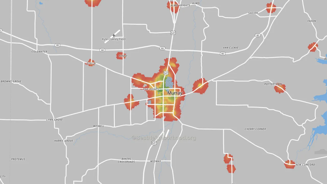 Walk Grade map of Murray, KY, walkable areas in green and car-dependent areas in red