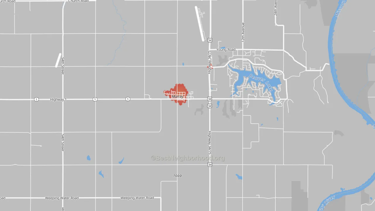 Walk Grade map of Murray, NE, walkable areas in green and car-dependent areas in red