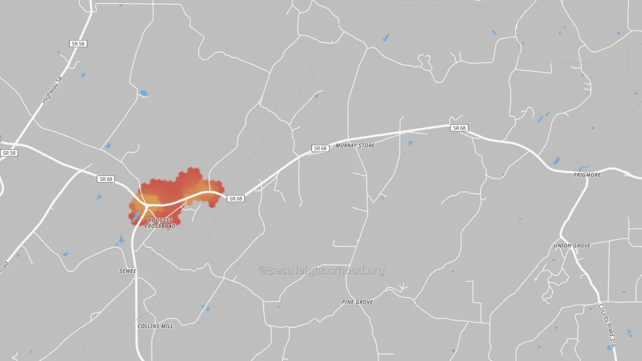 Walk Grade map of Murray Store, TN, walkable areas in green and car-dependent areas in red
