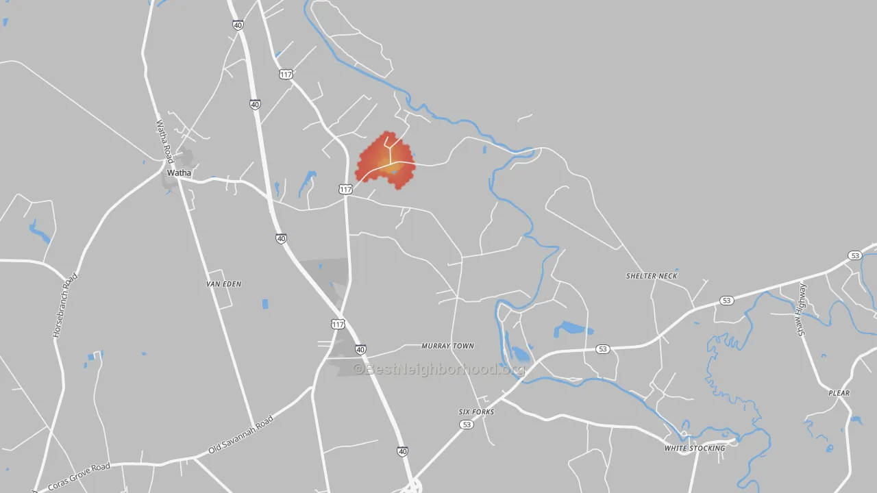 Walk Grade map of Murray Town, NC, walkable areas in green and car-dependent areas in red