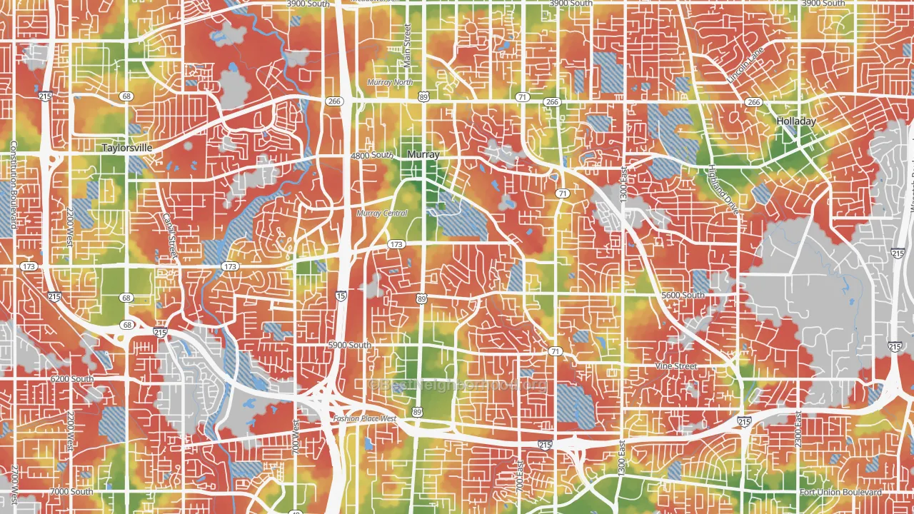 Walk Grade map of Murray, UT, walkable areas in green and car-dependent areas in red