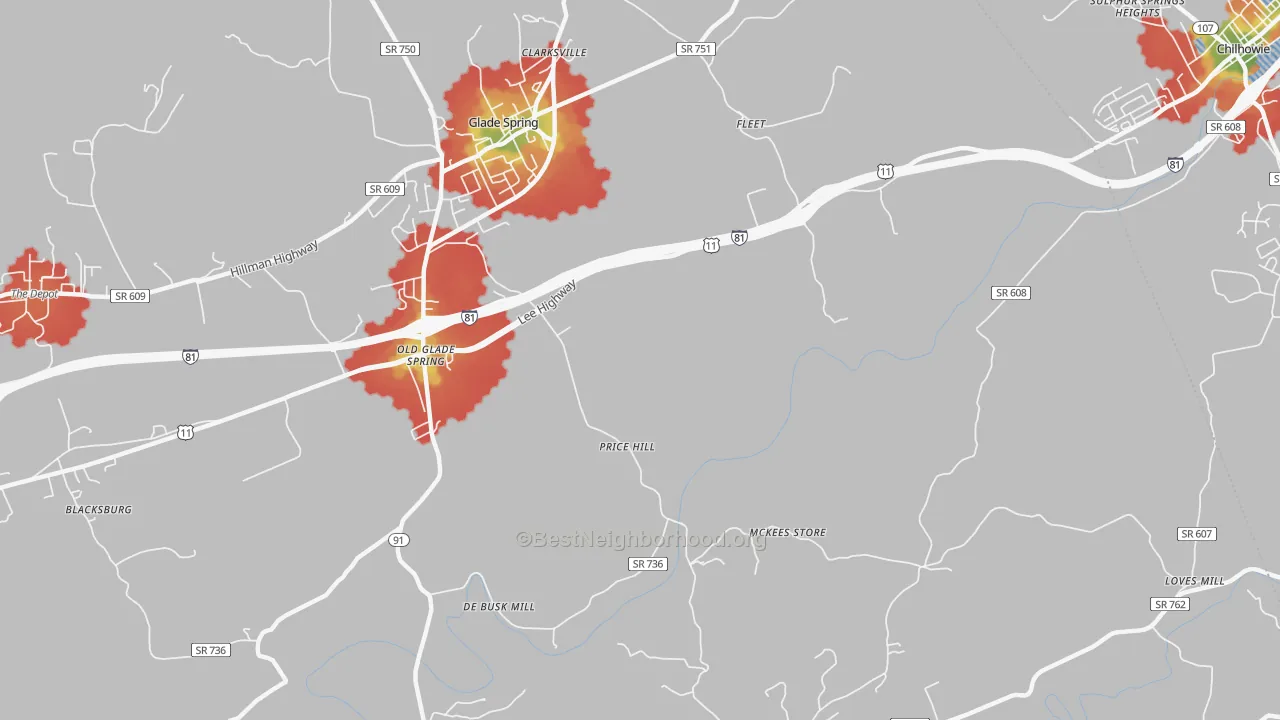 Walk Grade map of Murrayfield, VA, walkable areas in green and car-dependent areas in red