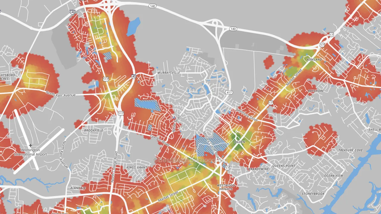 Walk Grade map of Murraysville, NC, walkable areas in green and car-dependent areas in red