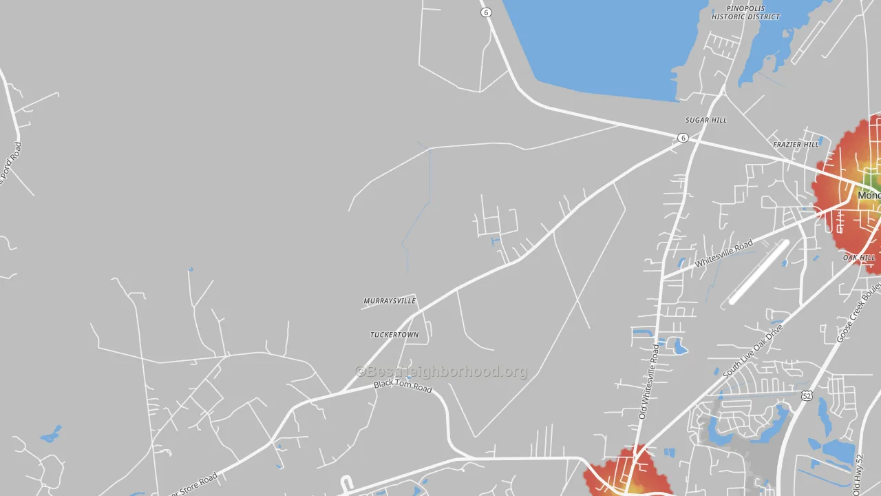 Walk Grade map of Murraysville, SC, walkable areas in green and car-dependent areas in red
