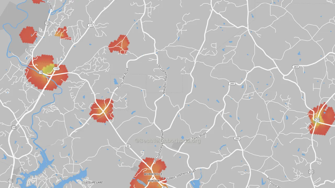 Walk Grade map of Murrayville, GA, walkable areas in green and car-dependent areas in red