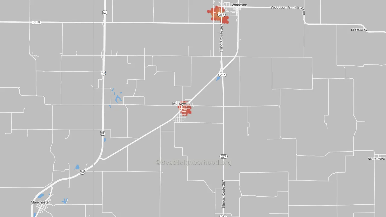 Walk Grade map of Murrayville, IL, walkable areas in green and car-dependent areas in red