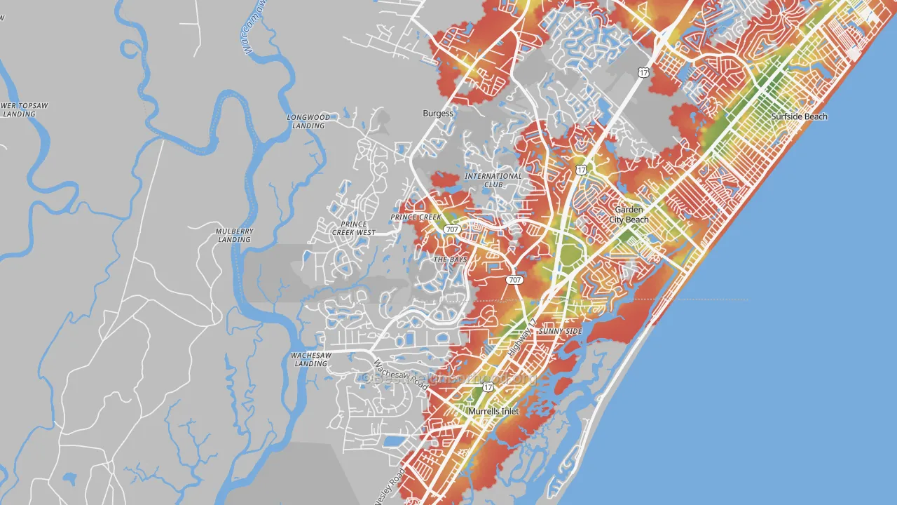 Walk Grade map of Murrells Inlet, SC, walkable areas in green and car-dependent areas in red