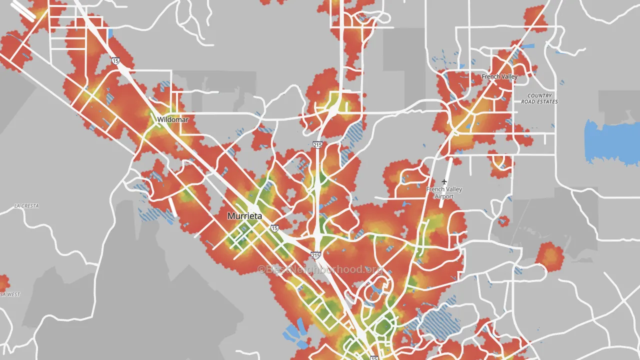 Walk Grade map of Murrieta, CA, walkable areas in green and car-dependent areas in red