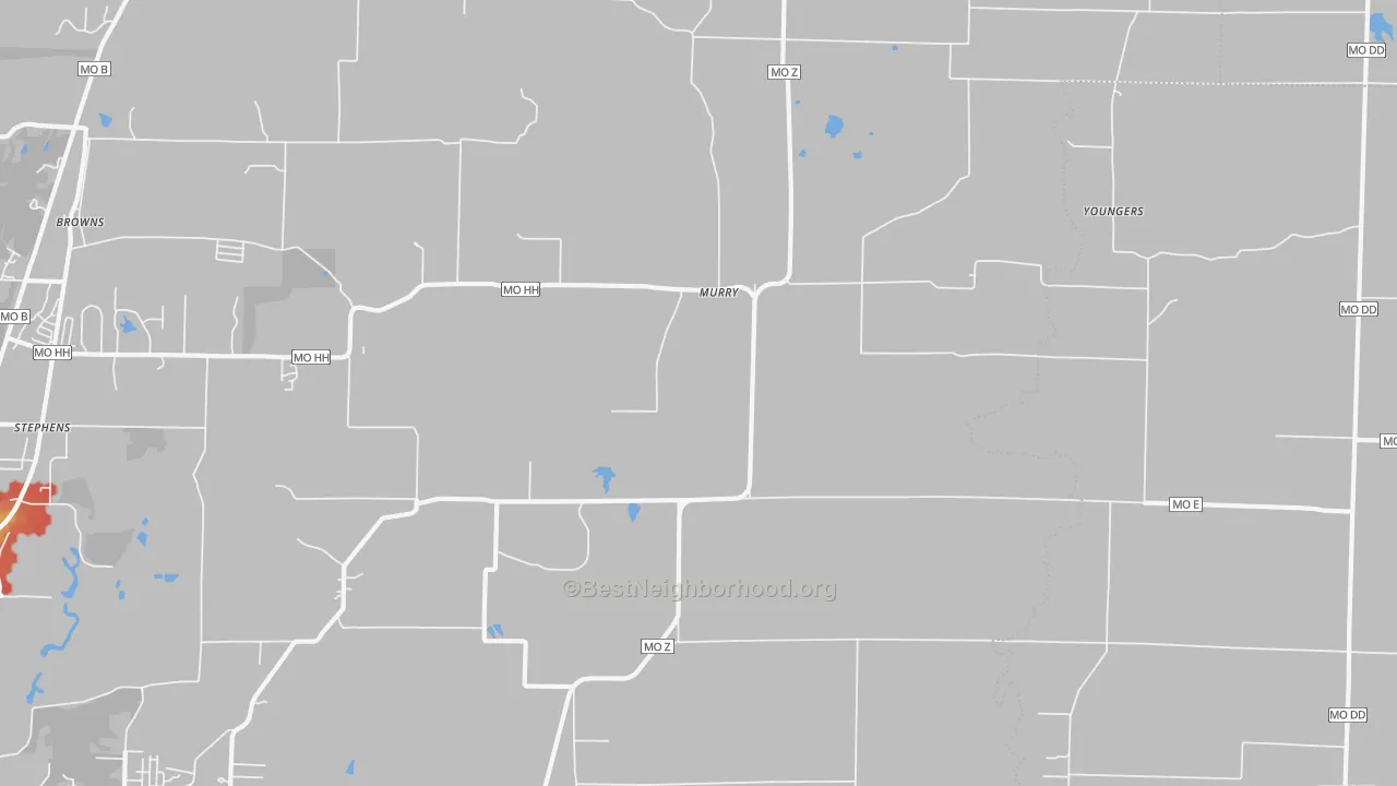 Walk Grade map of Murry, MO, walkable areas in green and car-dependent areas in red