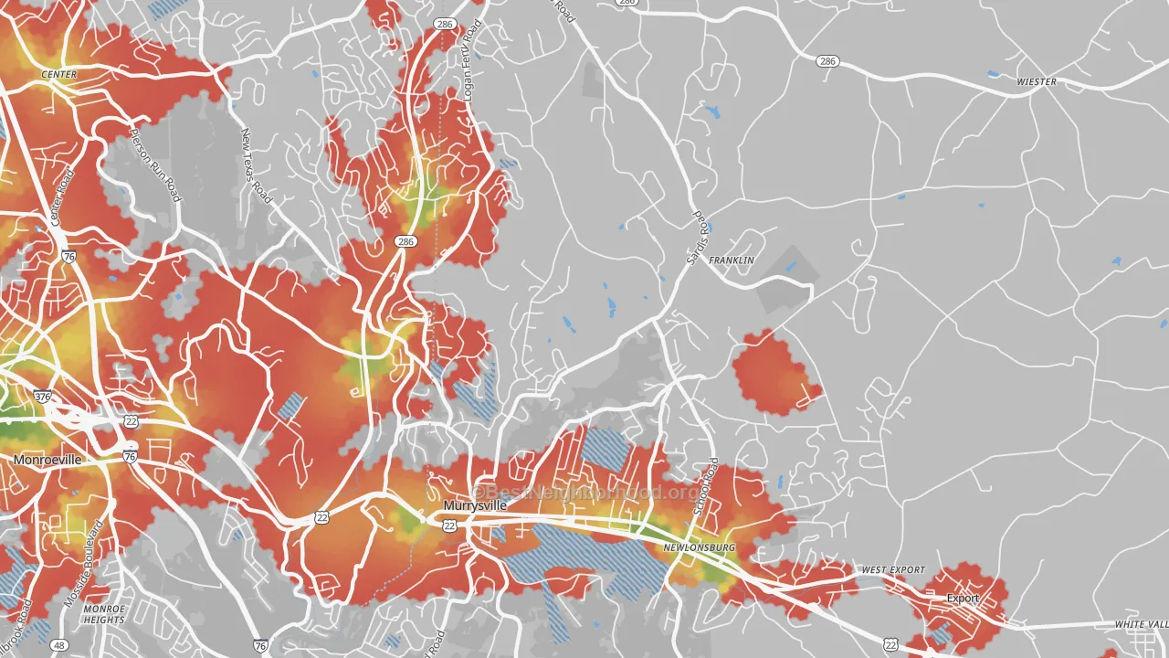 Walk Grade map of Murrysville, PA, walkable areas in green and car-dependent areas in red