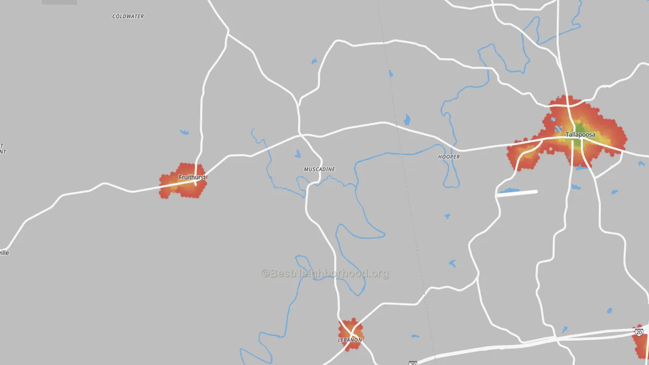 Walk Grade map of Muscadine, AL, walkable areas in green and car-dependent areas in red