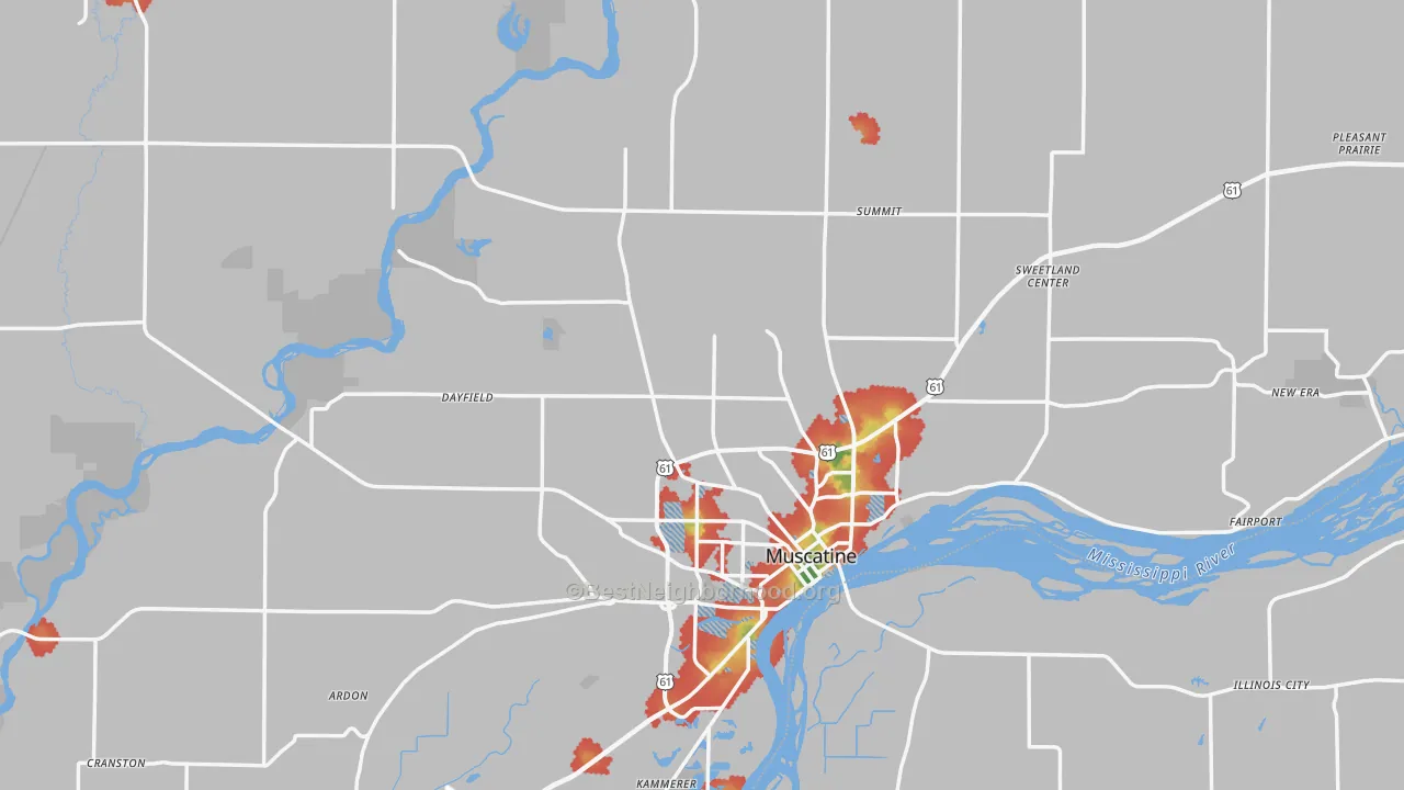 Walk Grade map of Muscatine County, IA, walkable areas in green and car-dependent areas in red