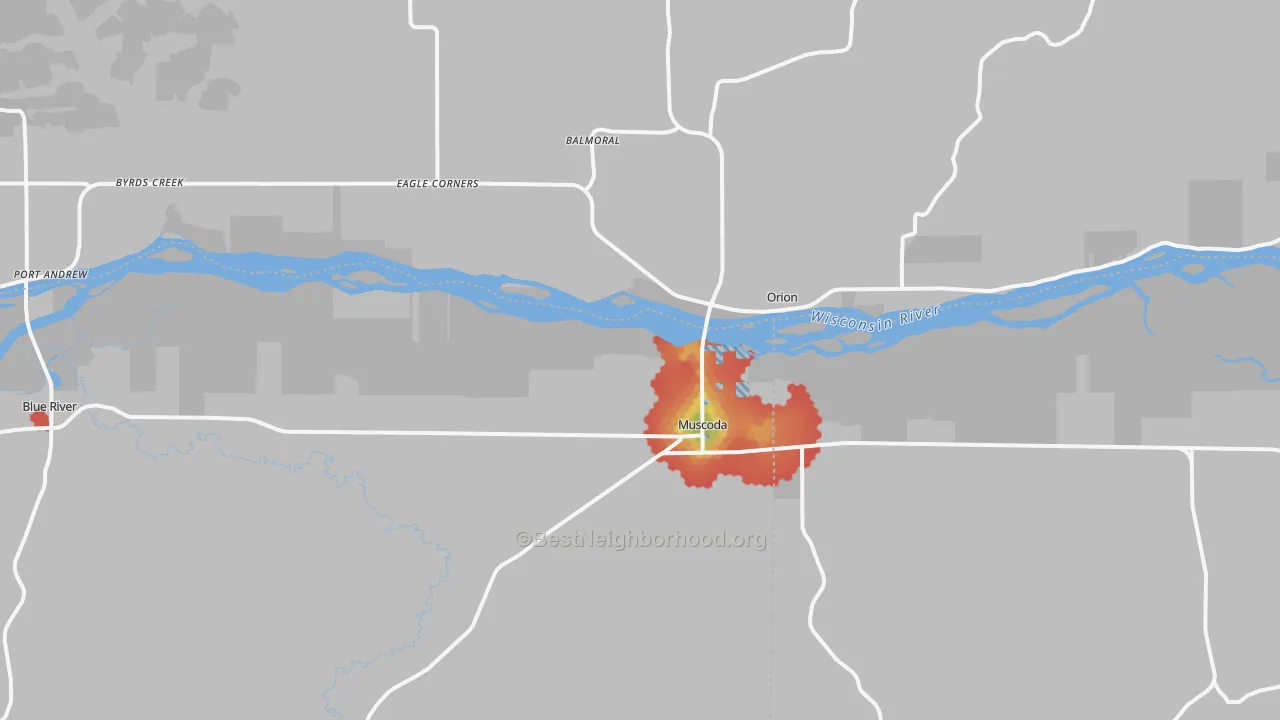 Walk Grade map of Muscoda, WI, walkable areas in green and car-dependent areas in red