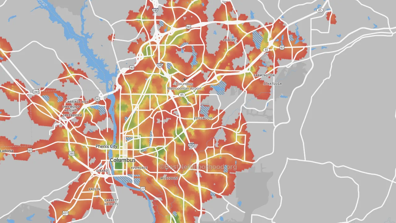 Walk Grade map of Muscogee County, GA, walkable areas in green and car-dependent areas in red