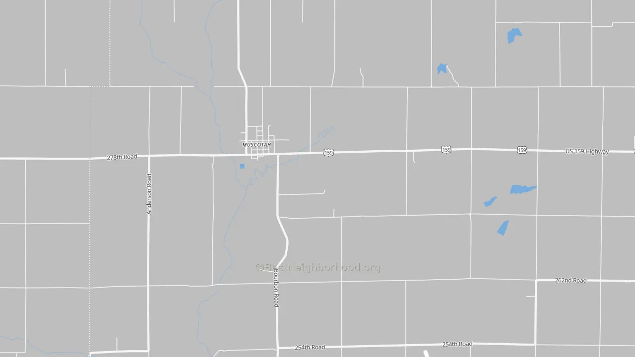Walk Grade map of Muscotah, KS, walkable areas in green and car-dependent areas in red