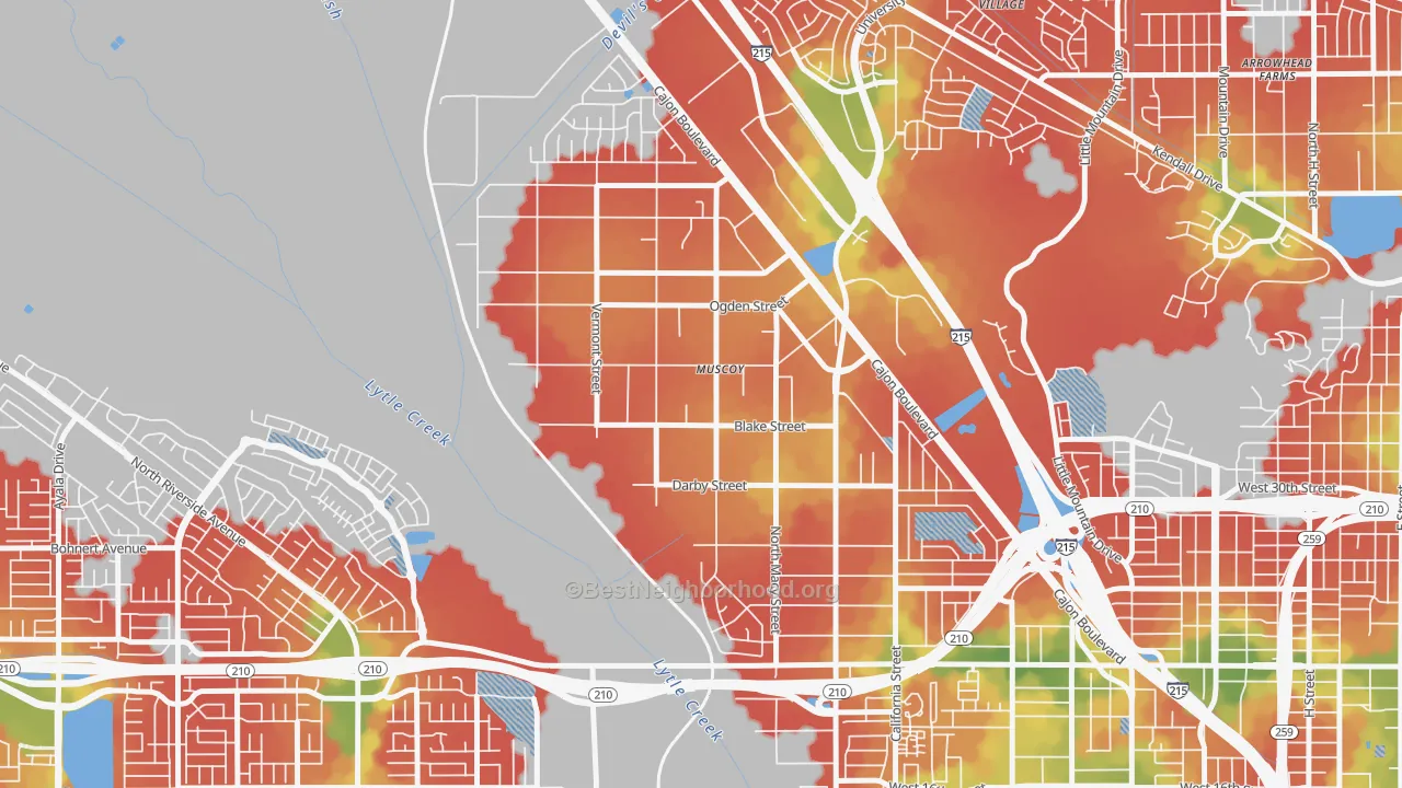 Walk Grade map of Muscoy, San Bernardino, CA, walkable areas in green and car-dependent areas in red