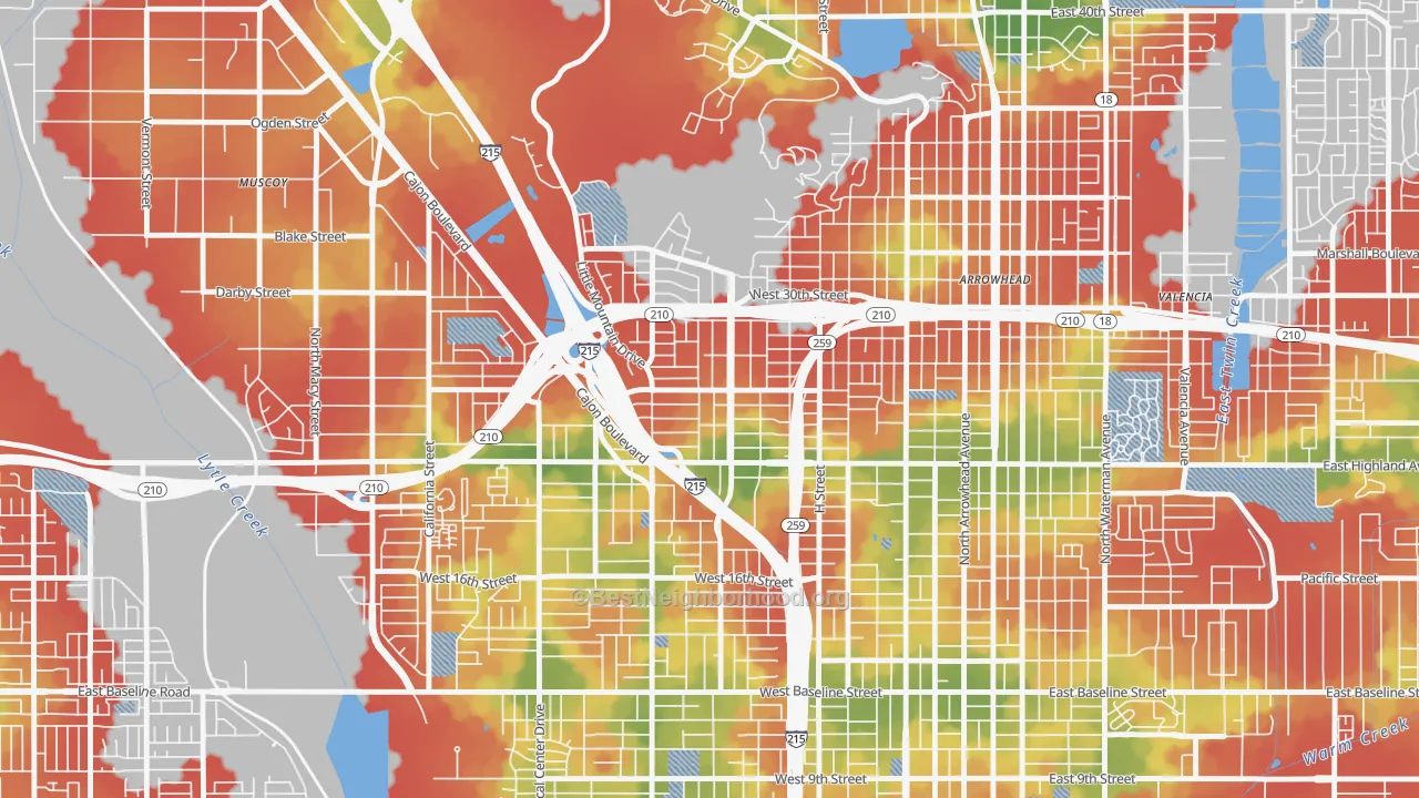 Walk Grade map of Muscupiabe, San Bernardino, CA, walkable areas in green and car-dependent areas in red