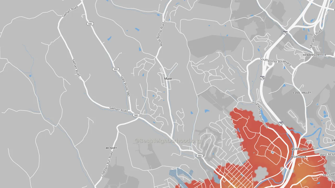 Walk Grade map of Muse, PA, walkable areas in green and car-dependent areas in red