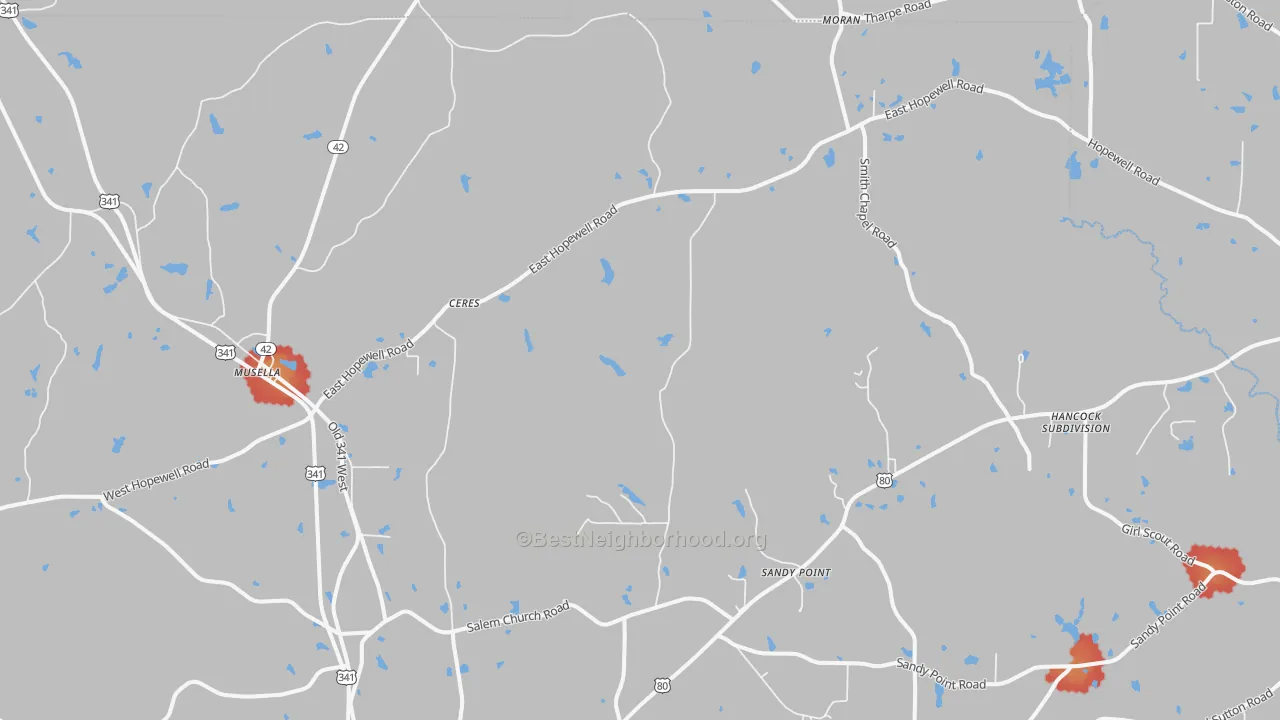 Walk Grade map of Musella, GA, walkable areas in green and car-dependent areas in red