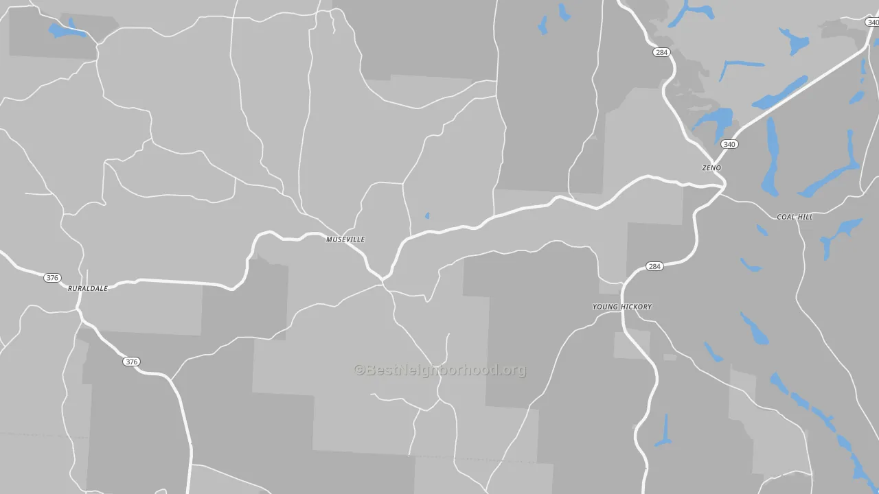 Walk Grade map of Museville, OH, walkable areas in green and car-dependent areas in red