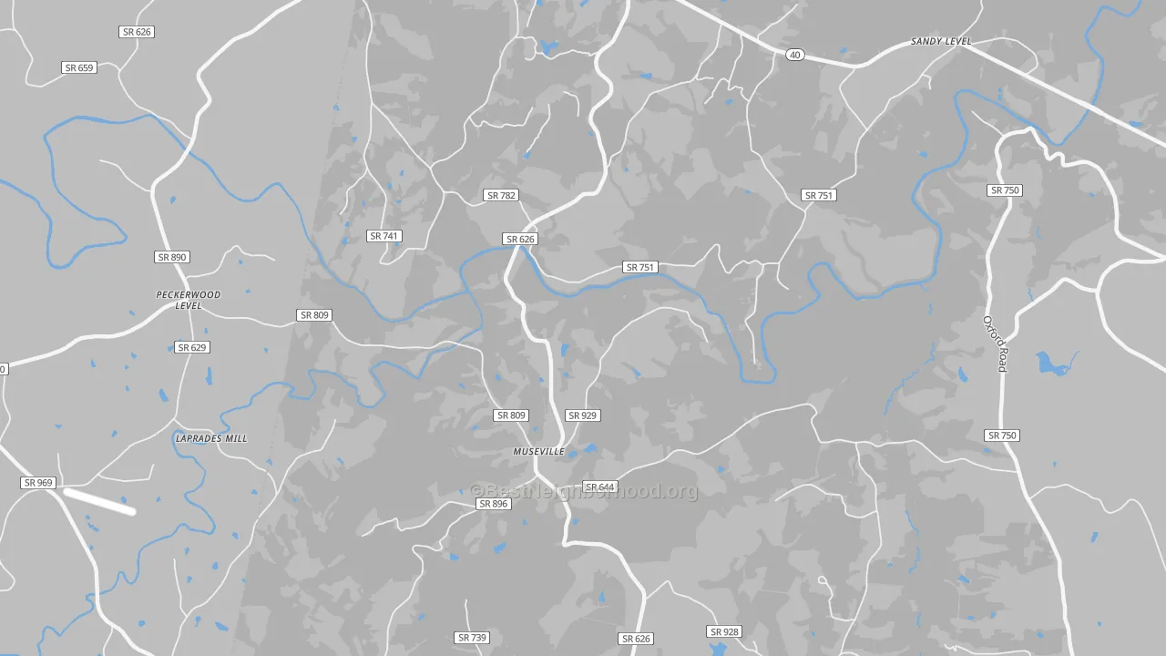 Walk Grade map of Museville, VA, walkable areas in green and car-dependent areas in red