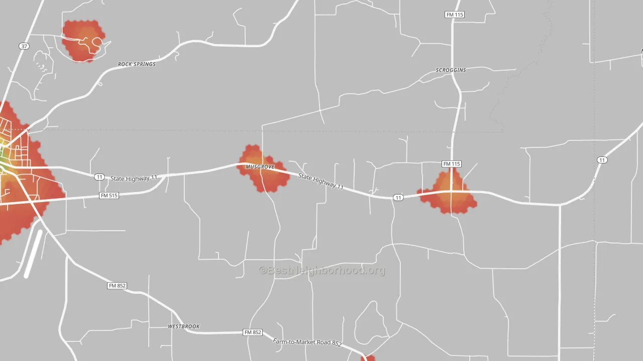 Walk Grade map of Musgrove, TX, walkable areas in green and car-dependent areas in red
