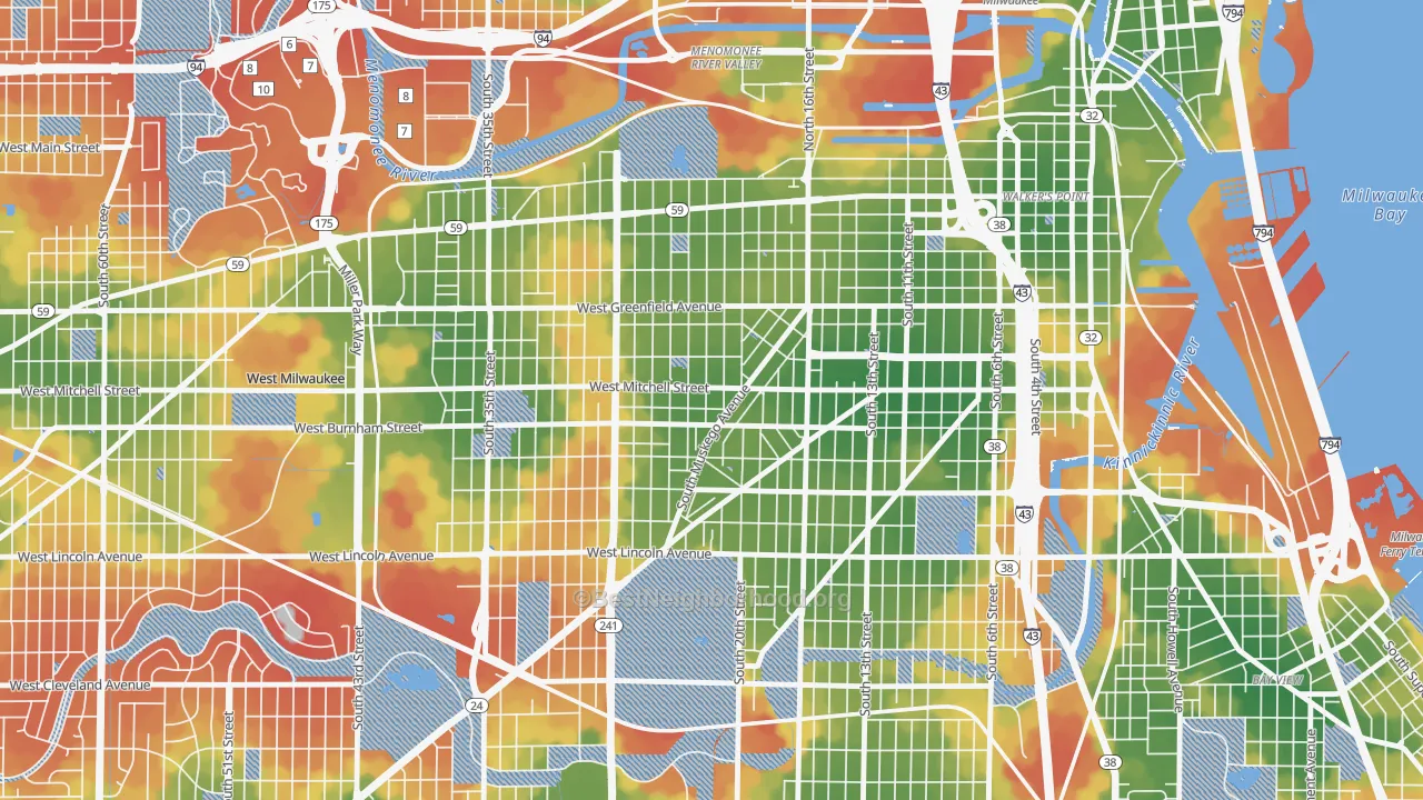 Walk Grade map of Muskego Way, Milwaukee, WI, walkable areas in green and car-dependent areas in red