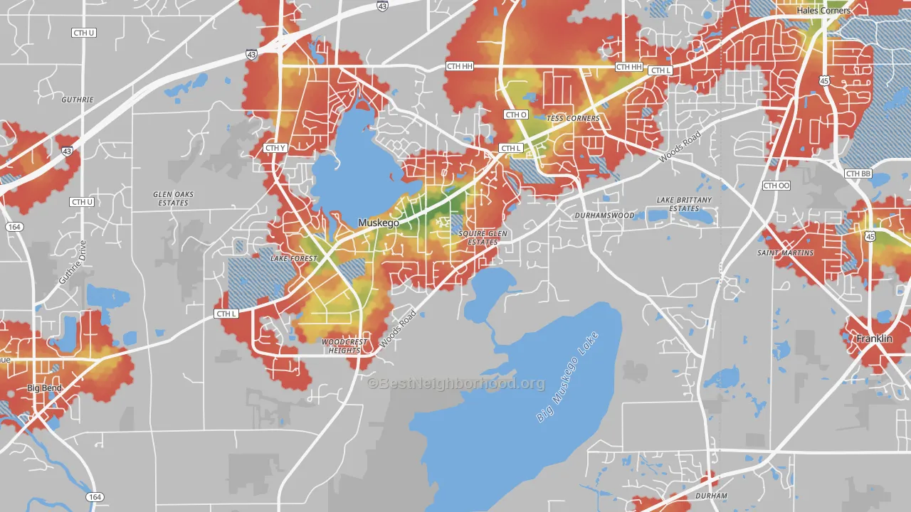 Walk Grade map of Muskego, WI, walkable areas in green and car-dependent areas in red