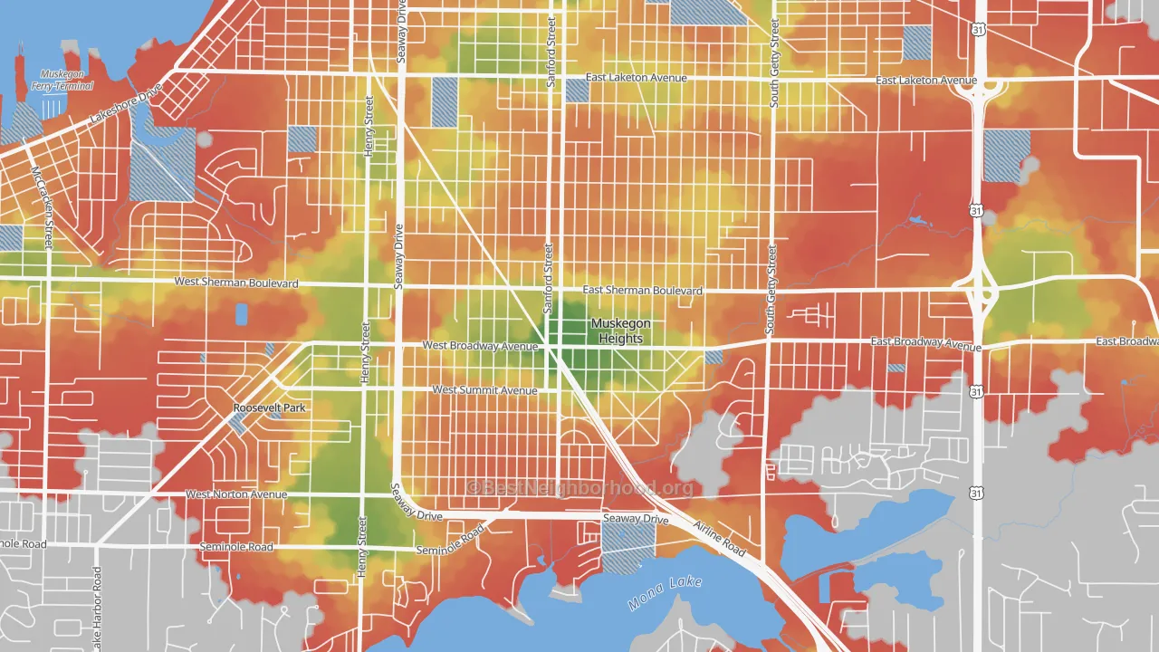 Walk Grade map of Muskegon Heights, MI, walkable areas in green and car-dependent areas in red