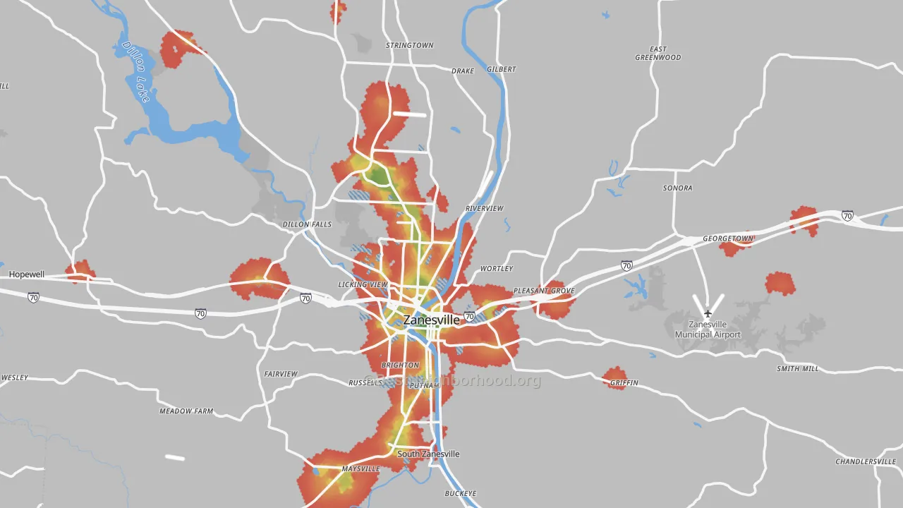 Walk Grade map of Muskingum County, OH, walkable areas in green and car-dependent areas in red