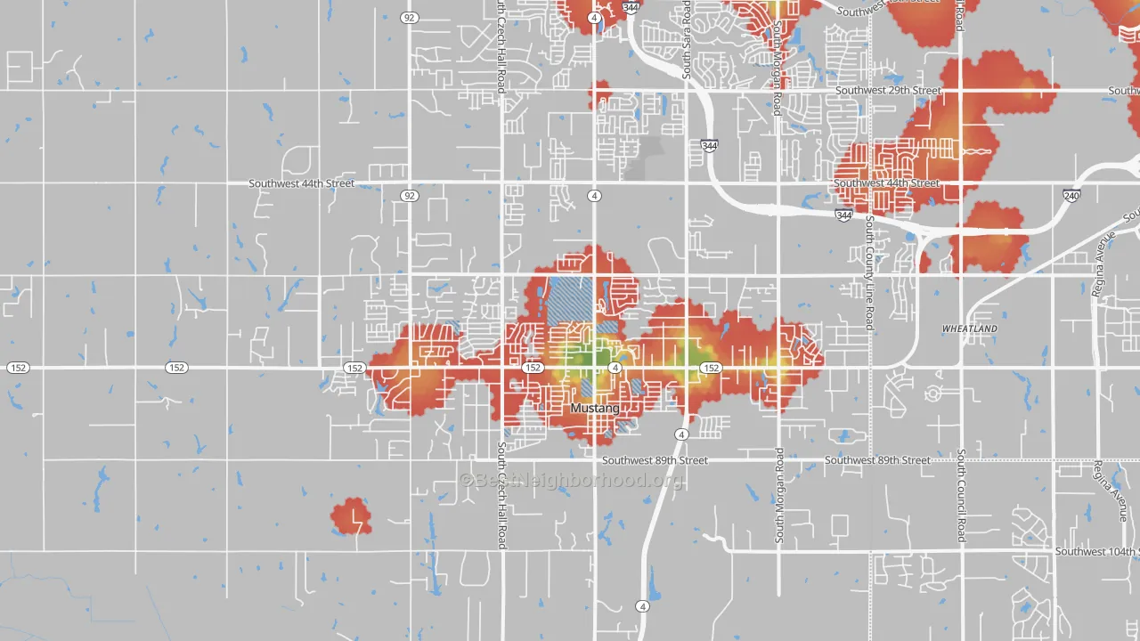 Walk Grade map of Mustang, OK, walkable areas in green and car-dependent areas in red
