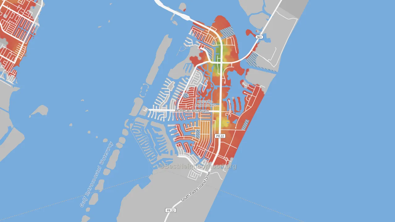 Walk Grade map of Mustang-Padre Island, Corpus Christi, TX, walkable areas in green and car-dependent areas in red