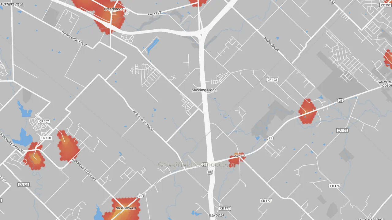 Walk Grade map of Mustang Ridge, TX, walkable areas in green and car-dependent areas in red