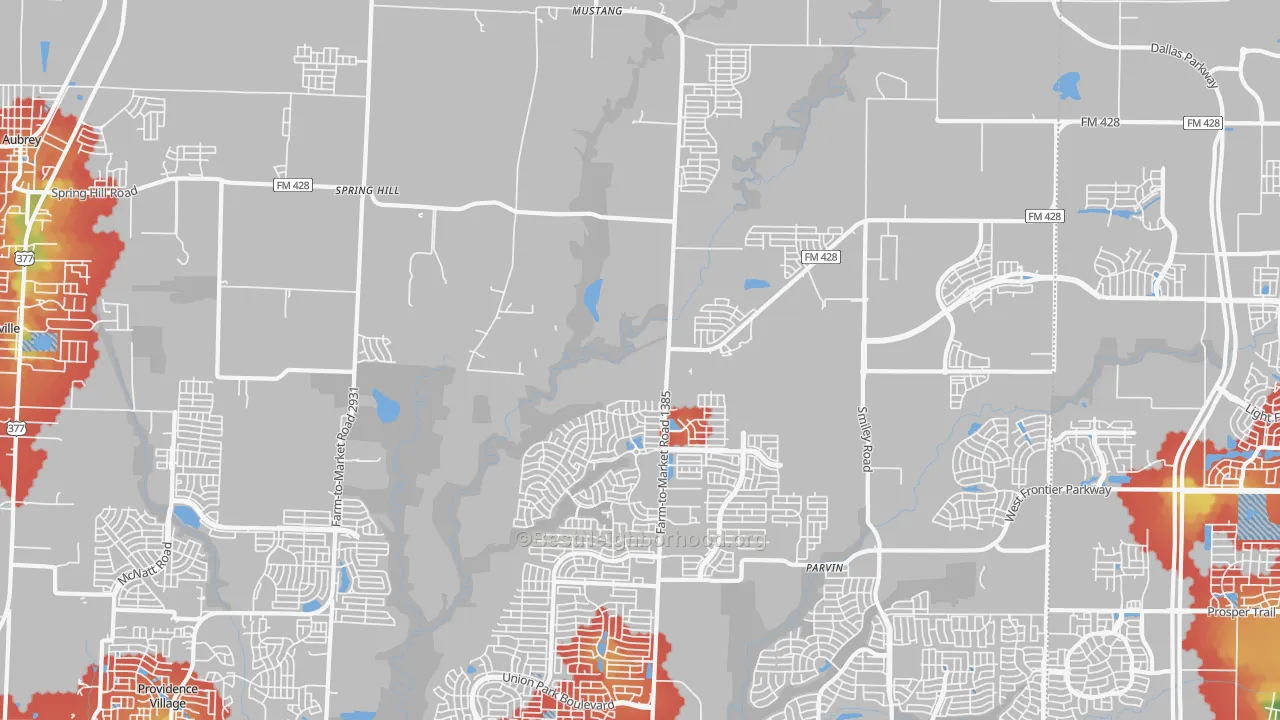 Walk Grade map of Mustang, TX, walkable areas in green and car-dependent areas in red