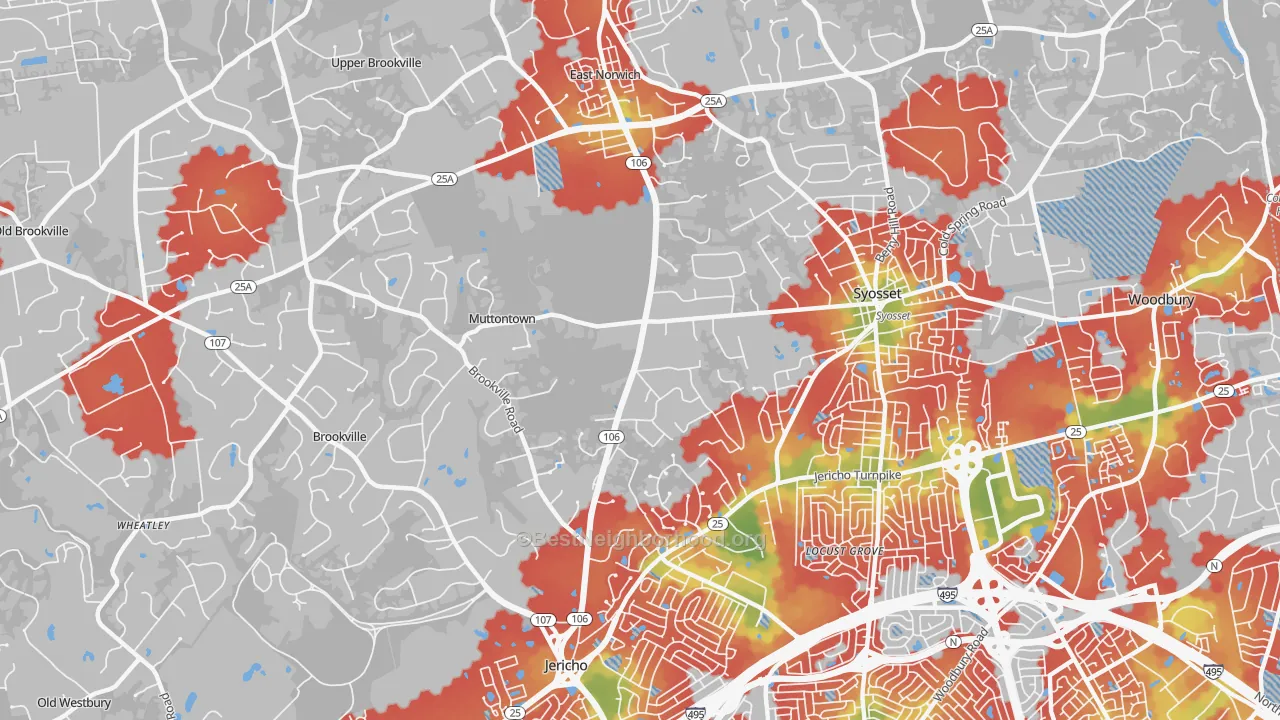 Walk Grade map of Muttontown, NY, walkable areas in green and car-dependent areas in red