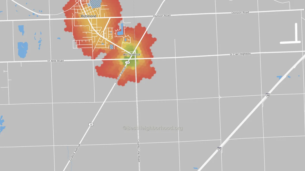 Walk Grade map of Muttonville, MI, walkable areas in green and car-dependent areas in red