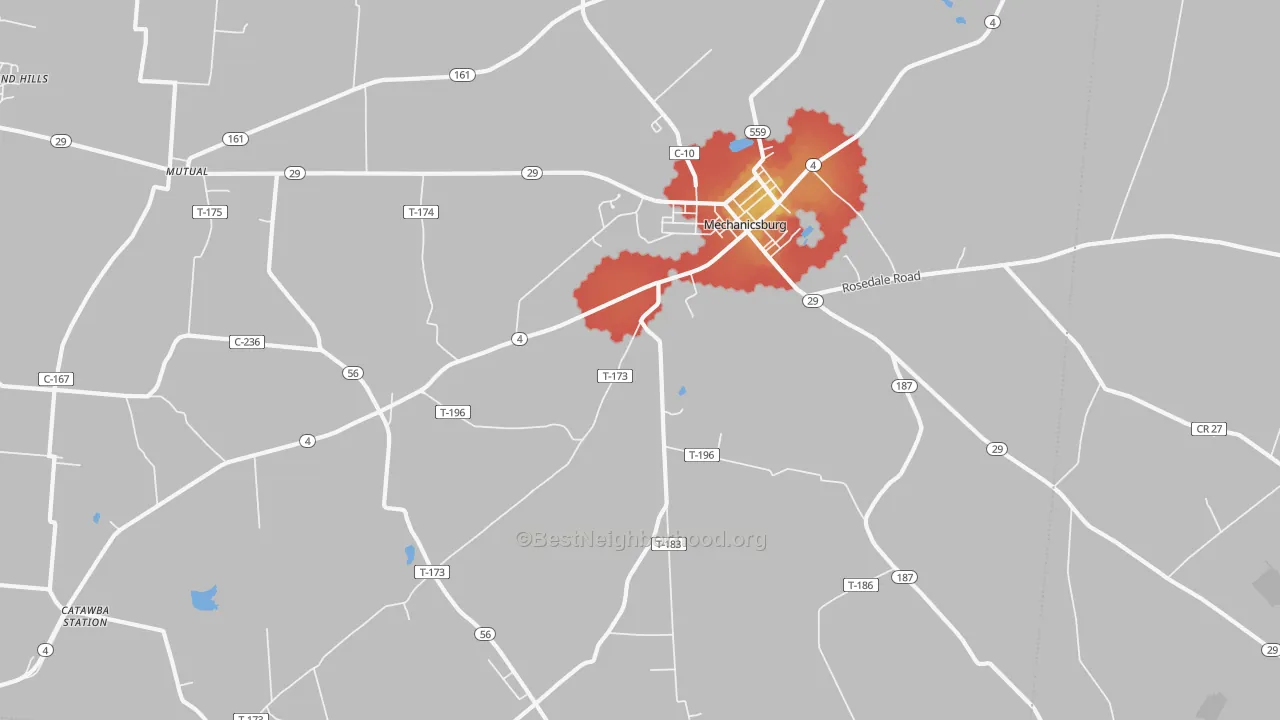 Walk Grade map of Mutual, OH, walkable areas in green and car-dependent areas in red