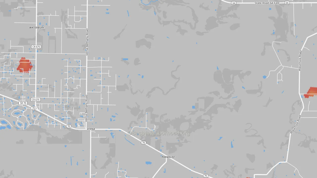 Walk Grade map of Myakka City, FL, walkable areas in green and car-dependent areas in red