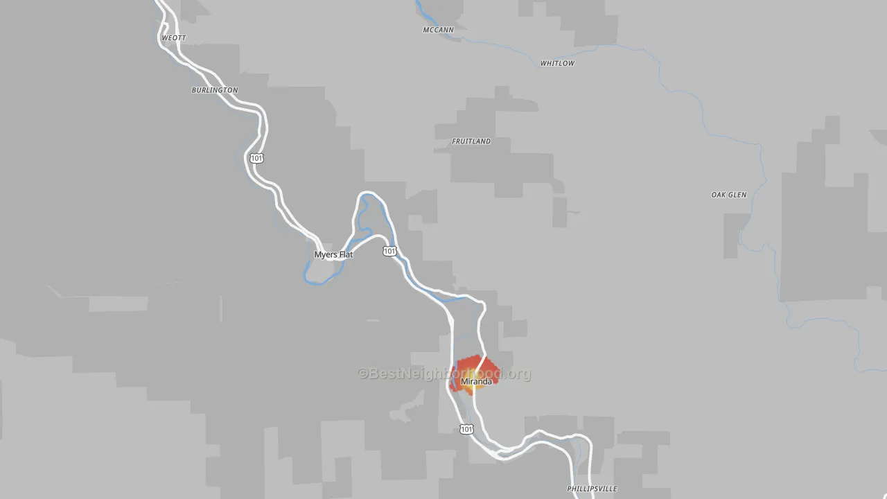 Walk Grade map of Myers Flat, CA, walkable areas in green and car-dependent areas in red
