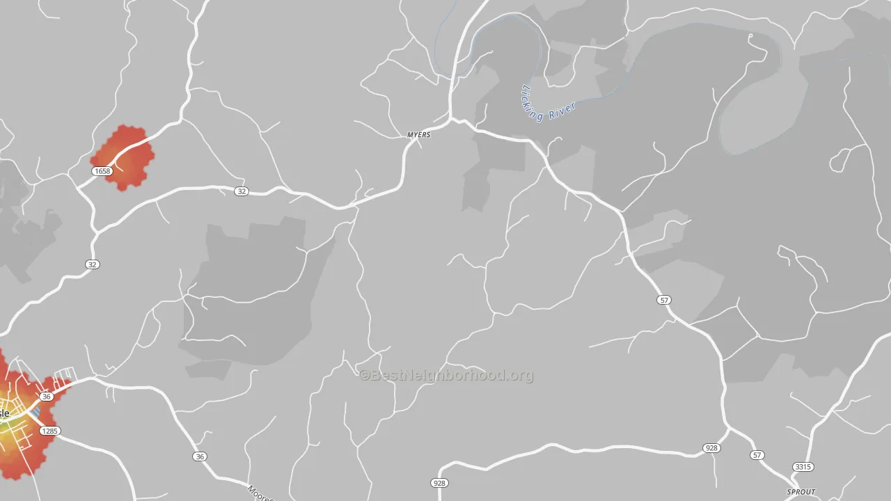 Walk Grade map of Myers, KY, walkable areas in green and car-dependent areas in red