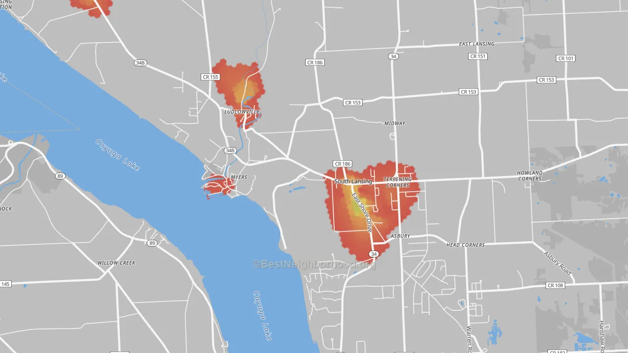 Walk Grade map of Myers, NY, walkable areas in green and car-dependent areas in red