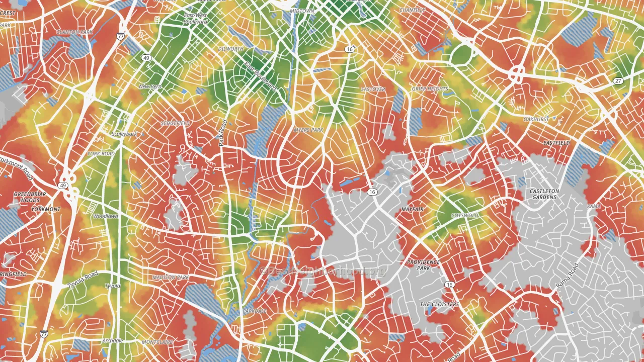 Walk Grade map of Myers Park, Charlotte, NC, walkable areas in green and car-dependent areas in red