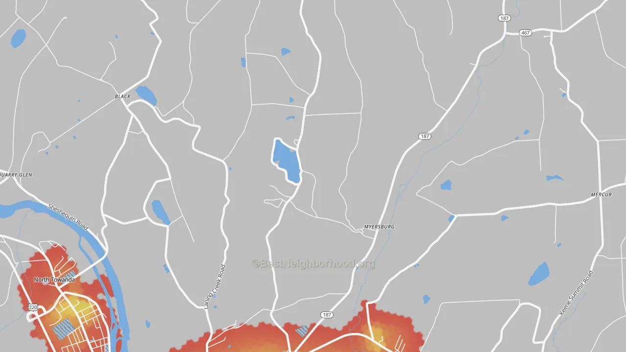 Walk Grade map of Myersburg, PA, walkable areas in green and car-dependent areas in red