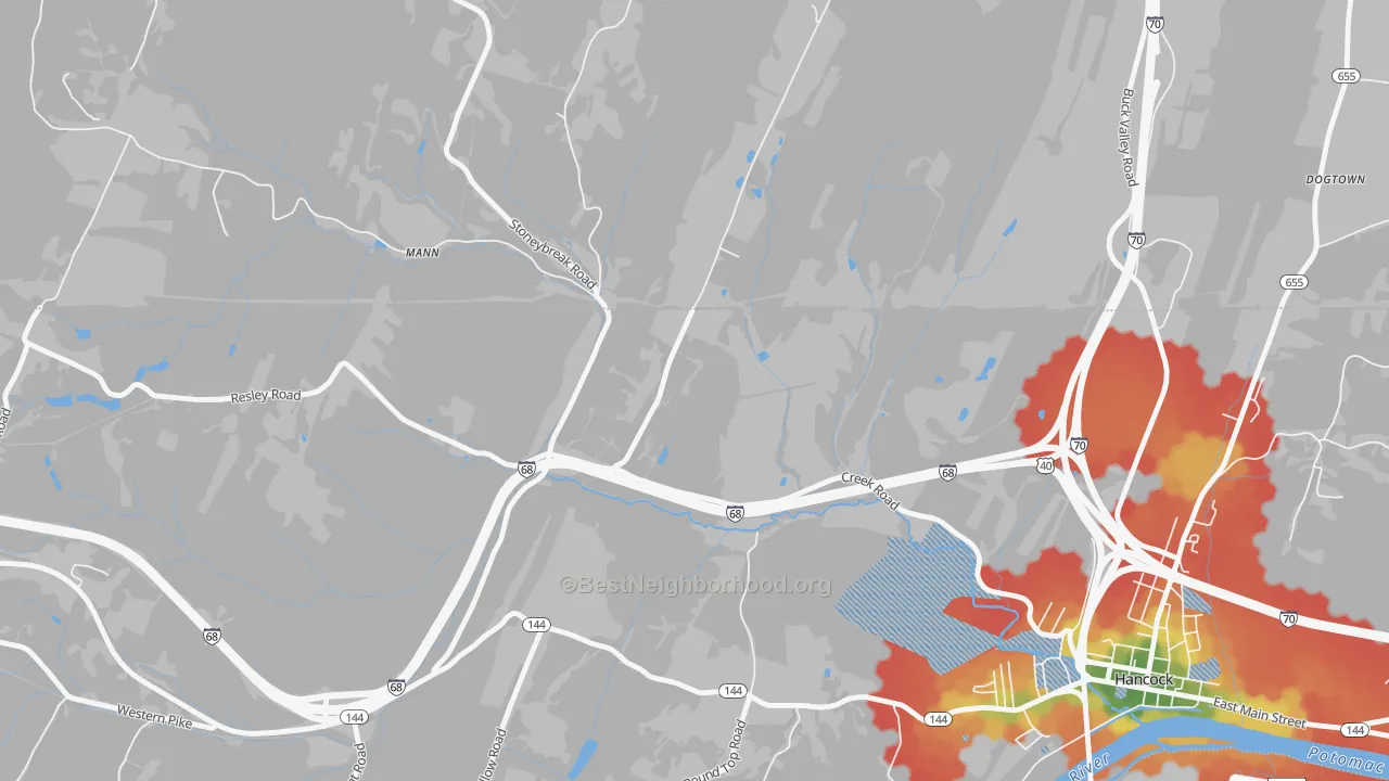 Walk Grade map of Myersdale, MD, walkable areas in green and car-dependent areas in red