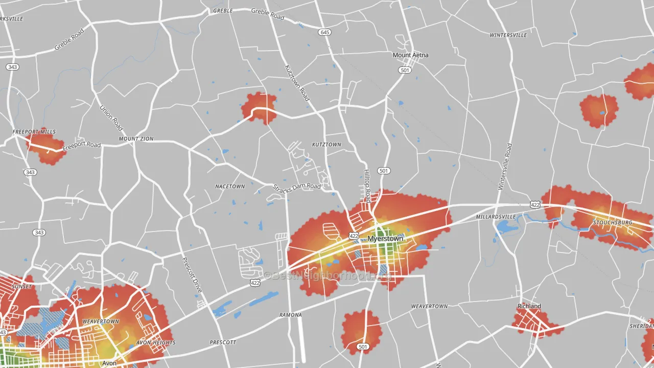 Walk Grade map of Myerstown, PA, walkable areas in green and car-dependent areas in red