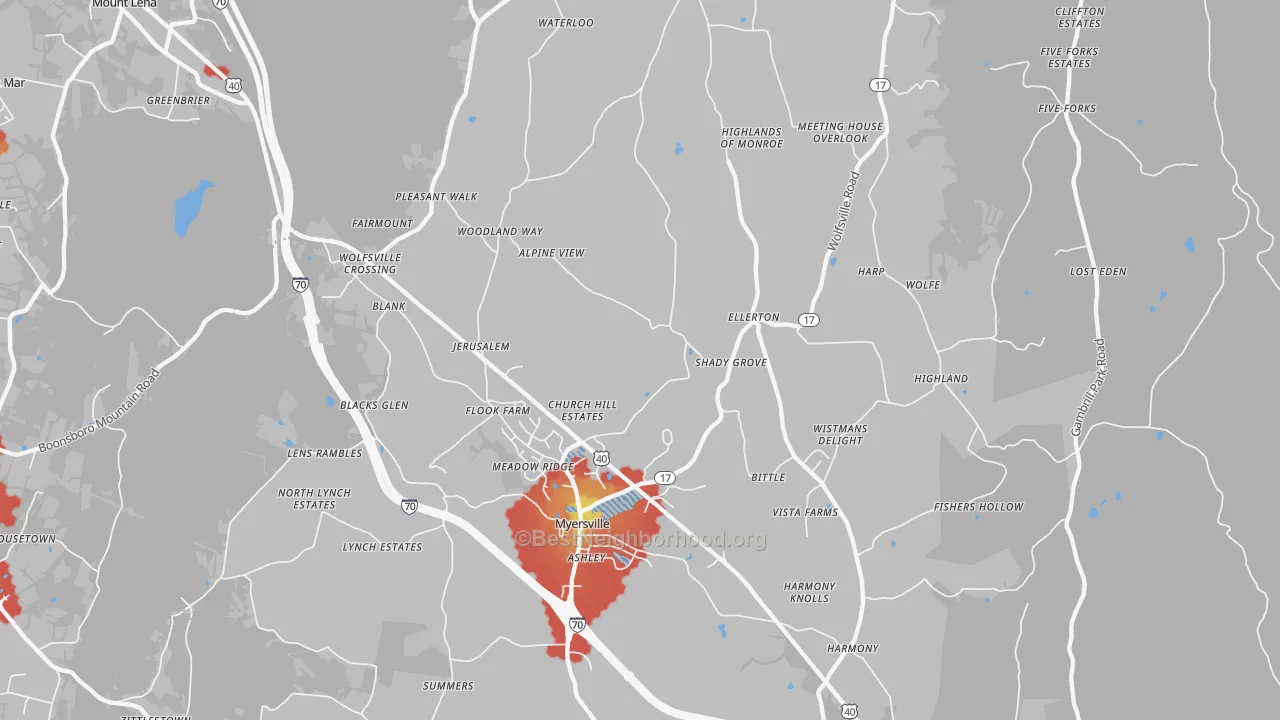 Walk Grade map of Myersville, MD, walkable areas in green and car-dependent areas in red
