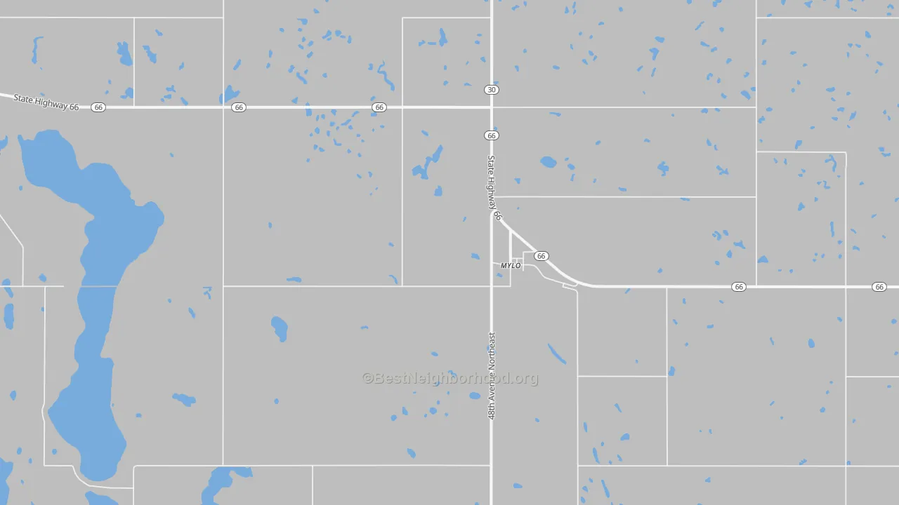 Walk Grade map of Mylo, ND, walkable areas in green and car-dependent areas in red