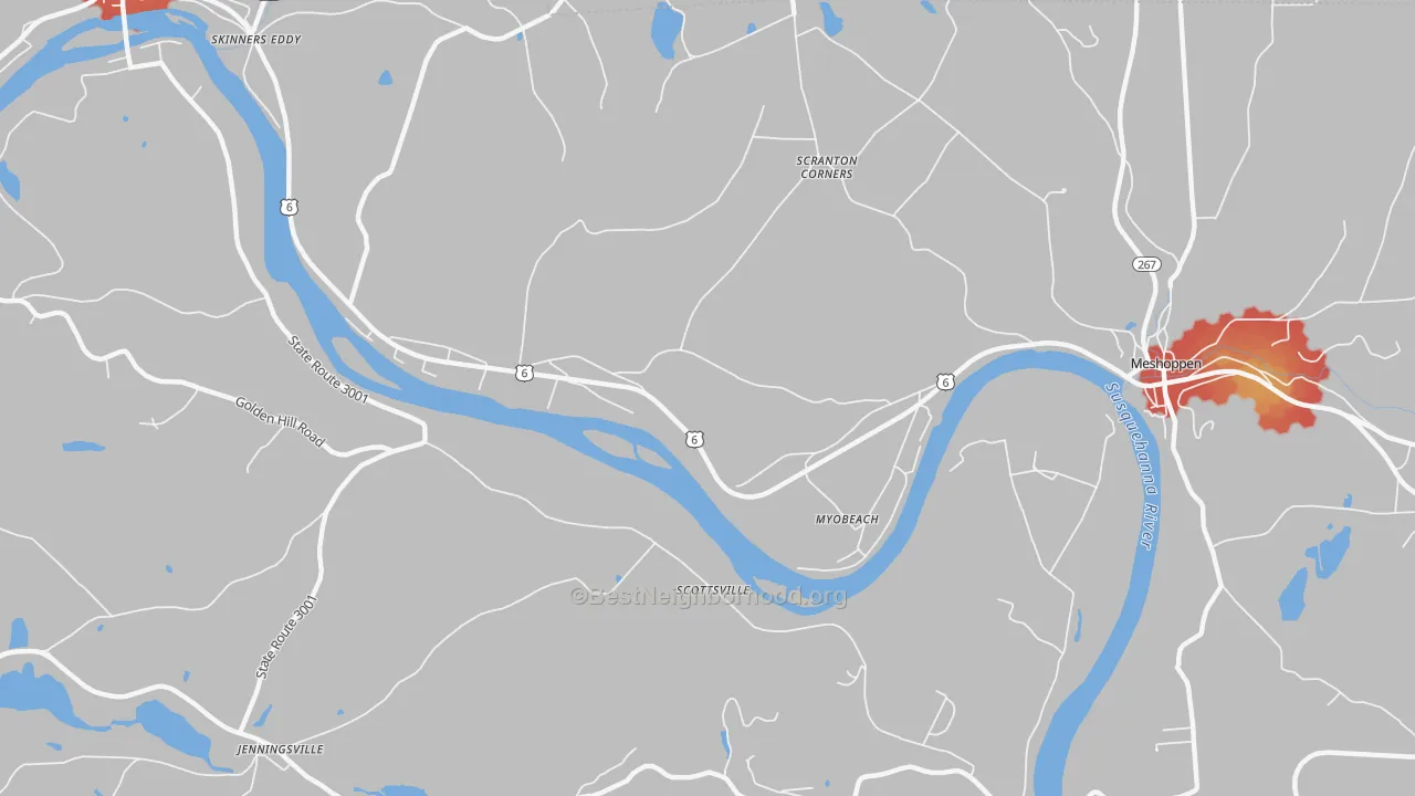 Walk Grade map of Myobeach, PA, walkable areas in green and car-dependent areas in red